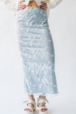 The Malino Embroidered Silk Maxi Skirt in Cream + Blue