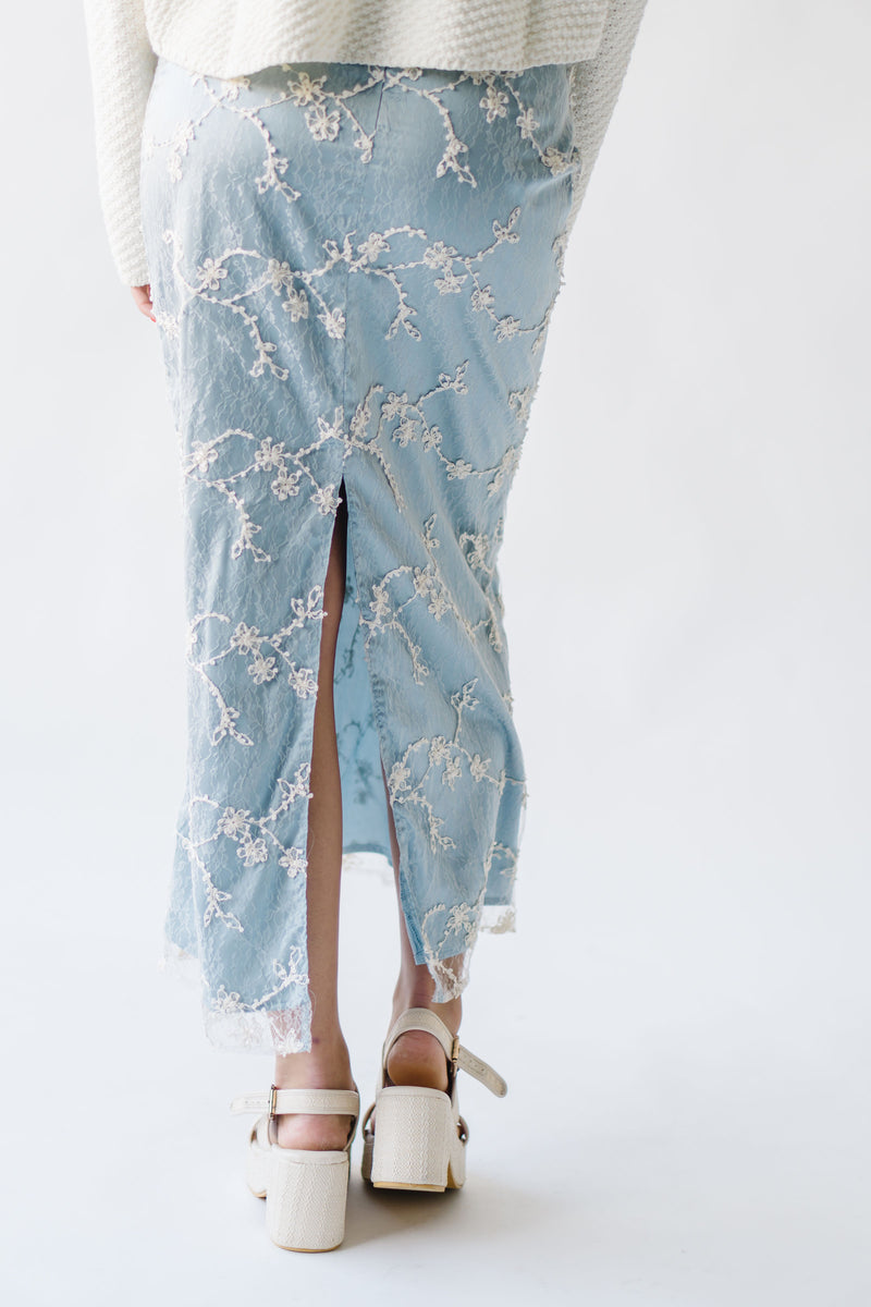 The Malino Embroidered Silk Maxi Skirt in Cream + Blue