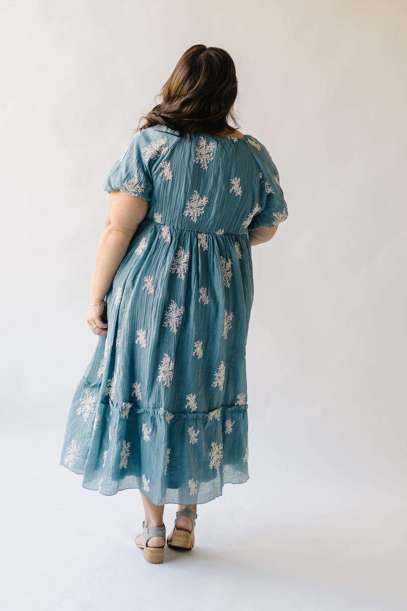 The Bamberg Embroidered Bubble Sleeve Dress in Dusty Blue