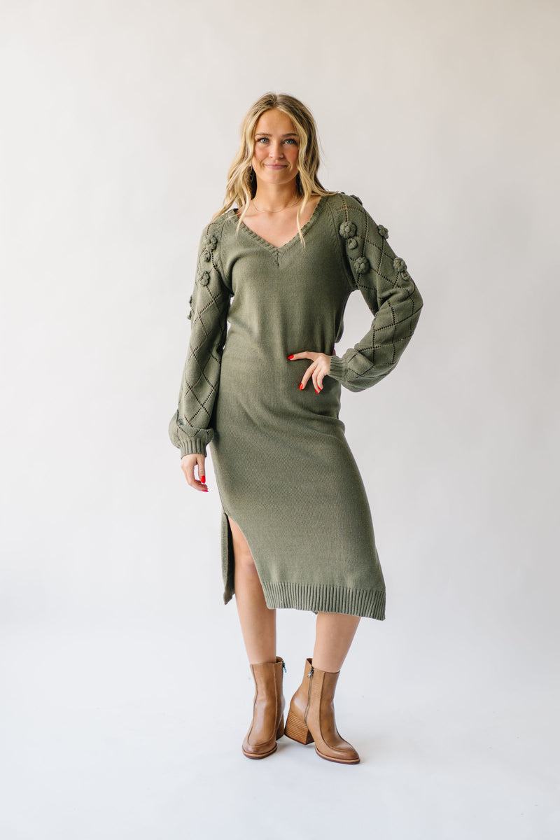 The Sturgill Floral Sleeve Sweater Dress in Olive