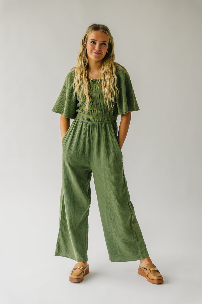 The Slater Smocked Detail Jumpsuit in Washed Green