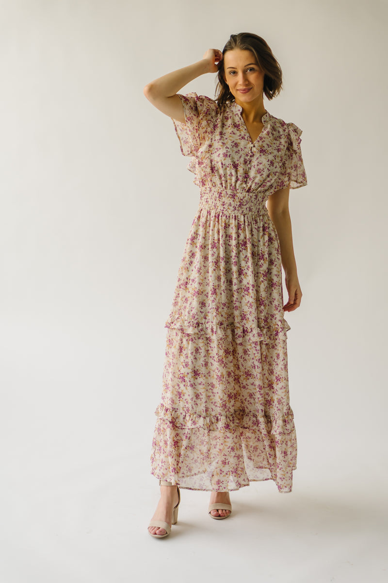The Creighton Floral Button Detail Maxi Dress in Beige Multi