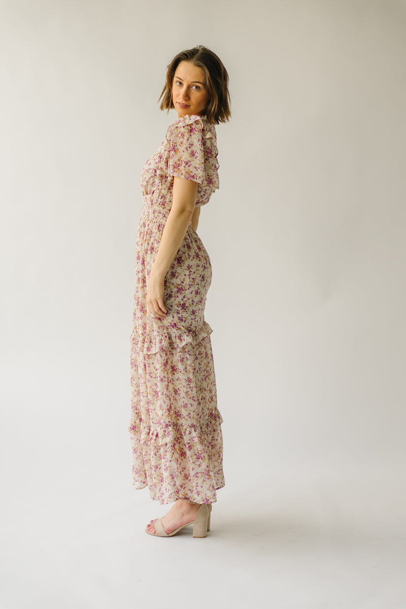 The Creighton Floral Button Detail Maxi Dress in Beige Multi