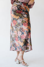 The Torrington Floral Satin Maxi Skirt in Sage Multi