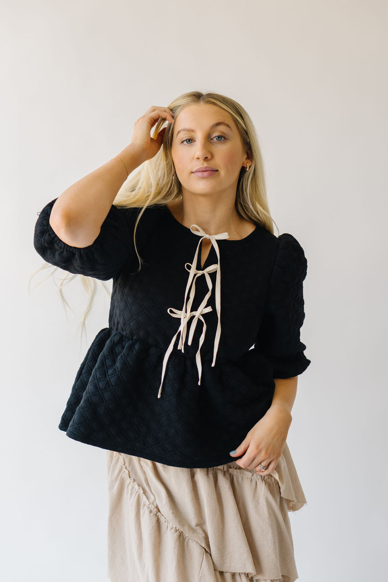 The Fannin Textured Tie Detail Blouse in Black