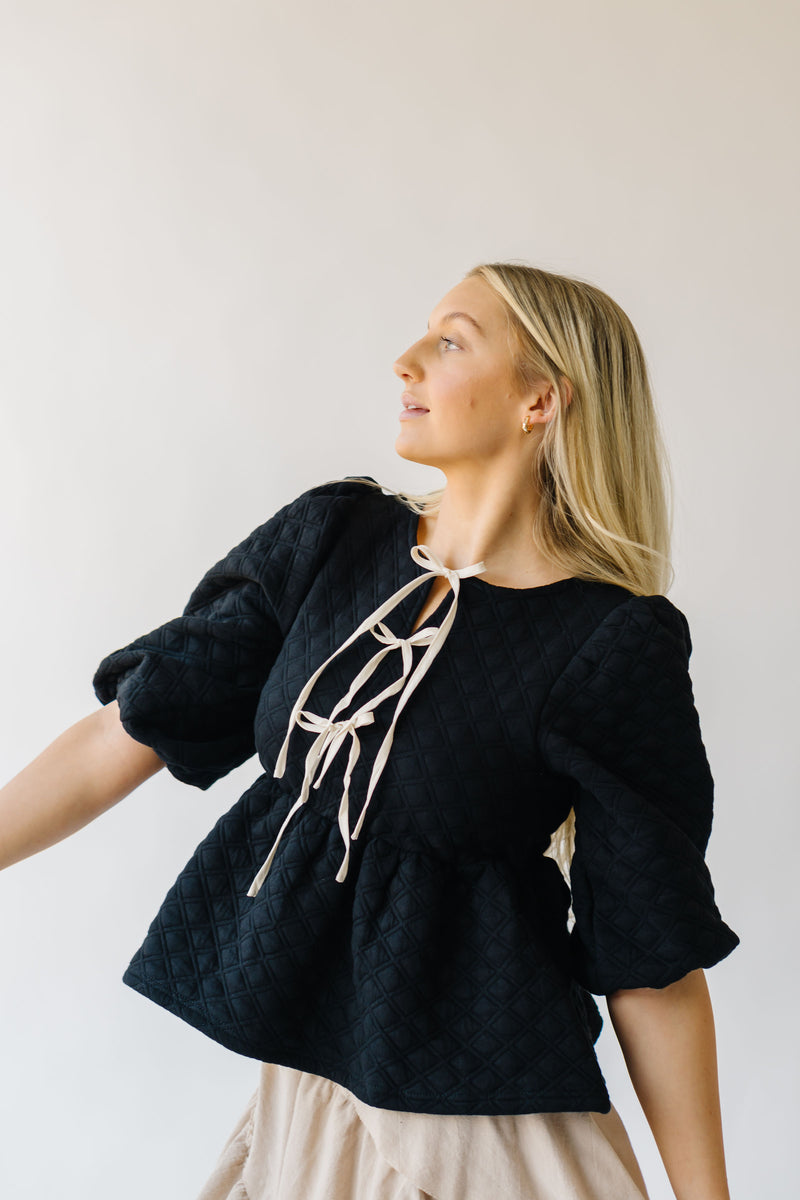 The Fannin Textured Tie Detail Blouse in Black