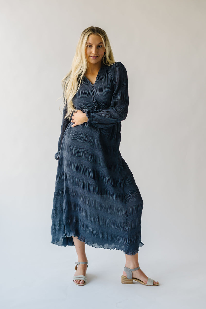 The Albertville Textured V-Neck Maxi Dress in Slate Blue