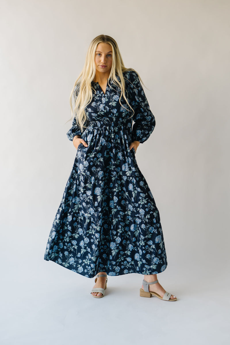 The Tolland Floral V-Neck Dress in Navy Multi