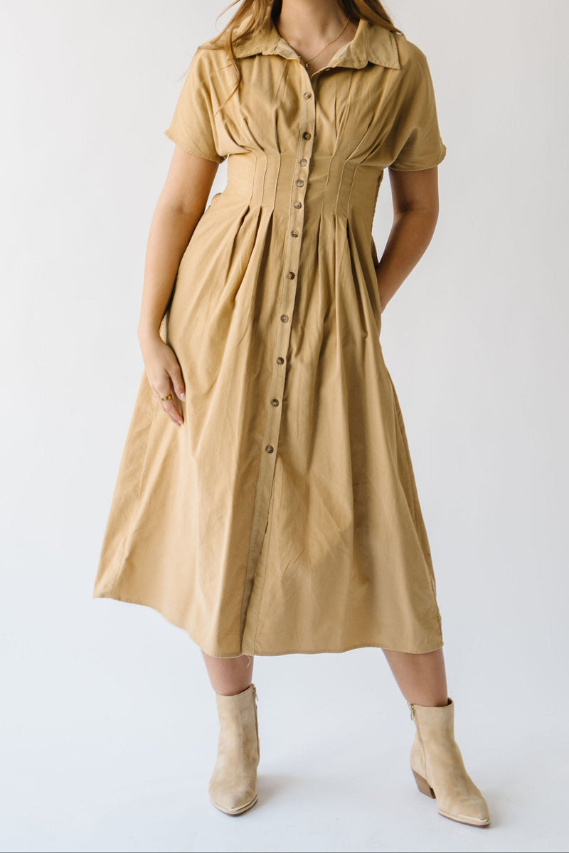 The Yoshabell Pintuck Waisted Midi Dress in Camel