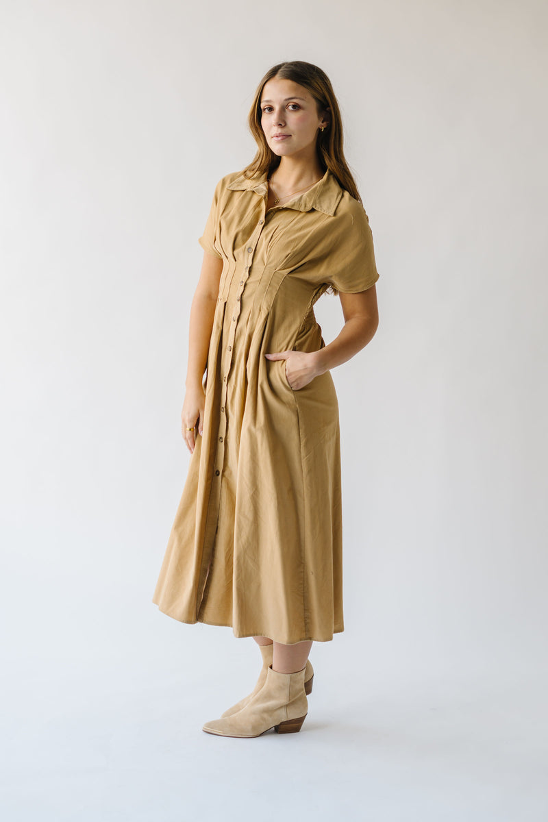 The Yoshabell Pintuck Waisted Midi Dress in Camel