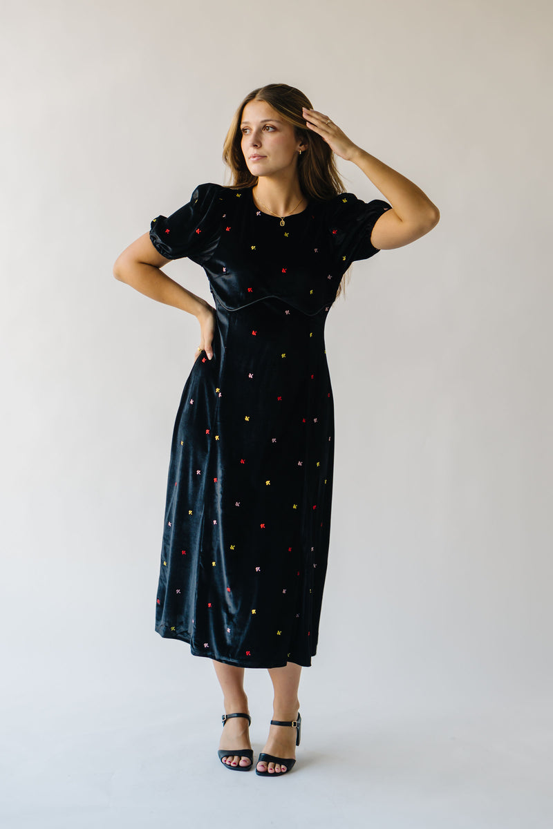 The Kesti Embroidered Midi Dress in Black Velour