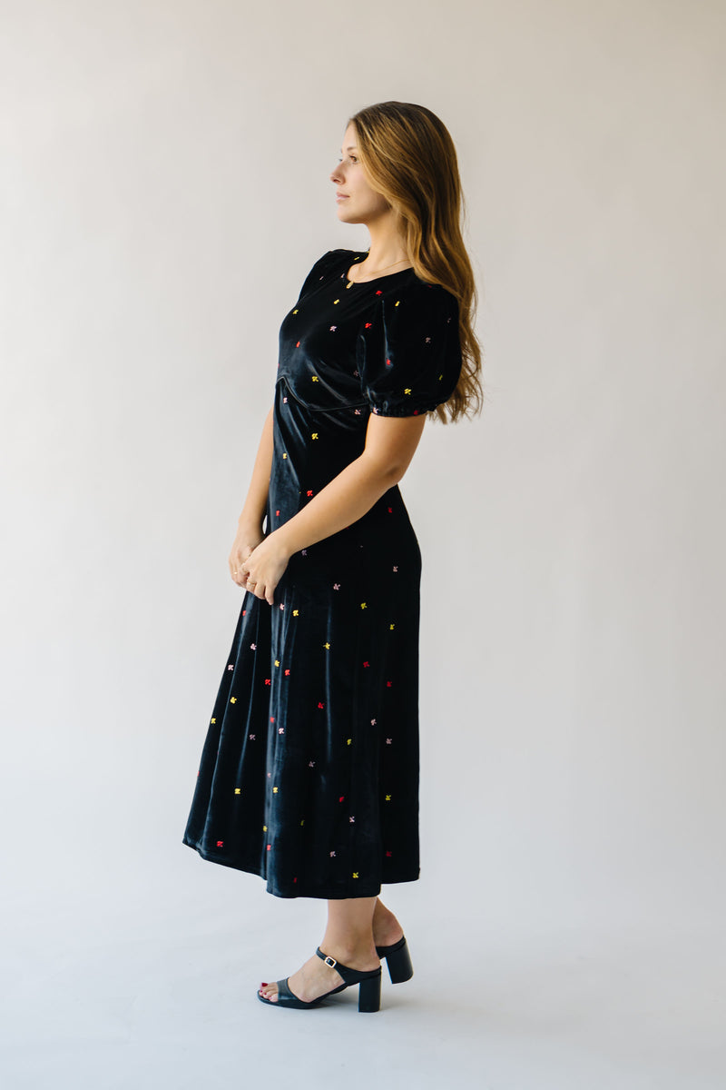 The Kesti Embroidered Midi Dress in Black Velour