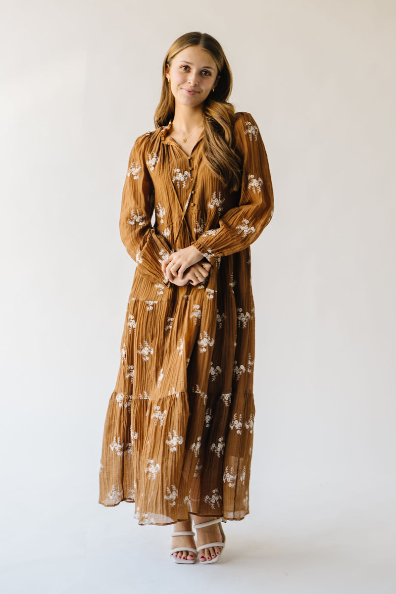 The Sartell Embroidered Maxi Dress in Brown