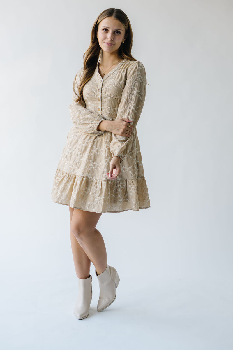 The Latimer Embroidered Button-Up Dress in Taupe