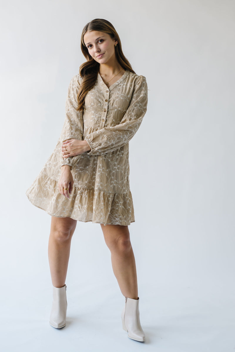 The Latimer Embroidered Button-Up Dress in Taupe