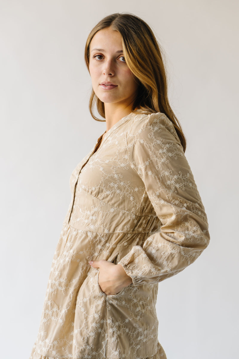 The Latimer Embroidered Button-Up Dress in Taupe