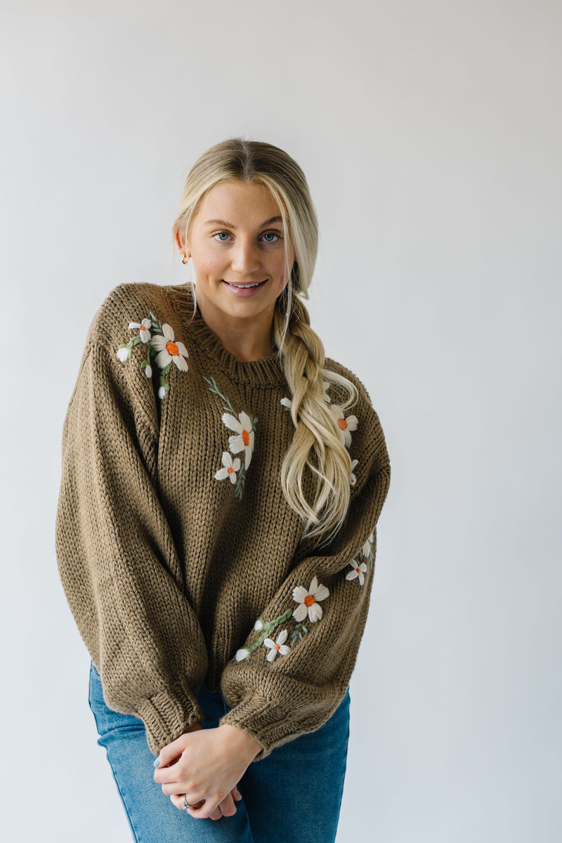 The Tazeen Floral Embroidered Sweater in Taupe