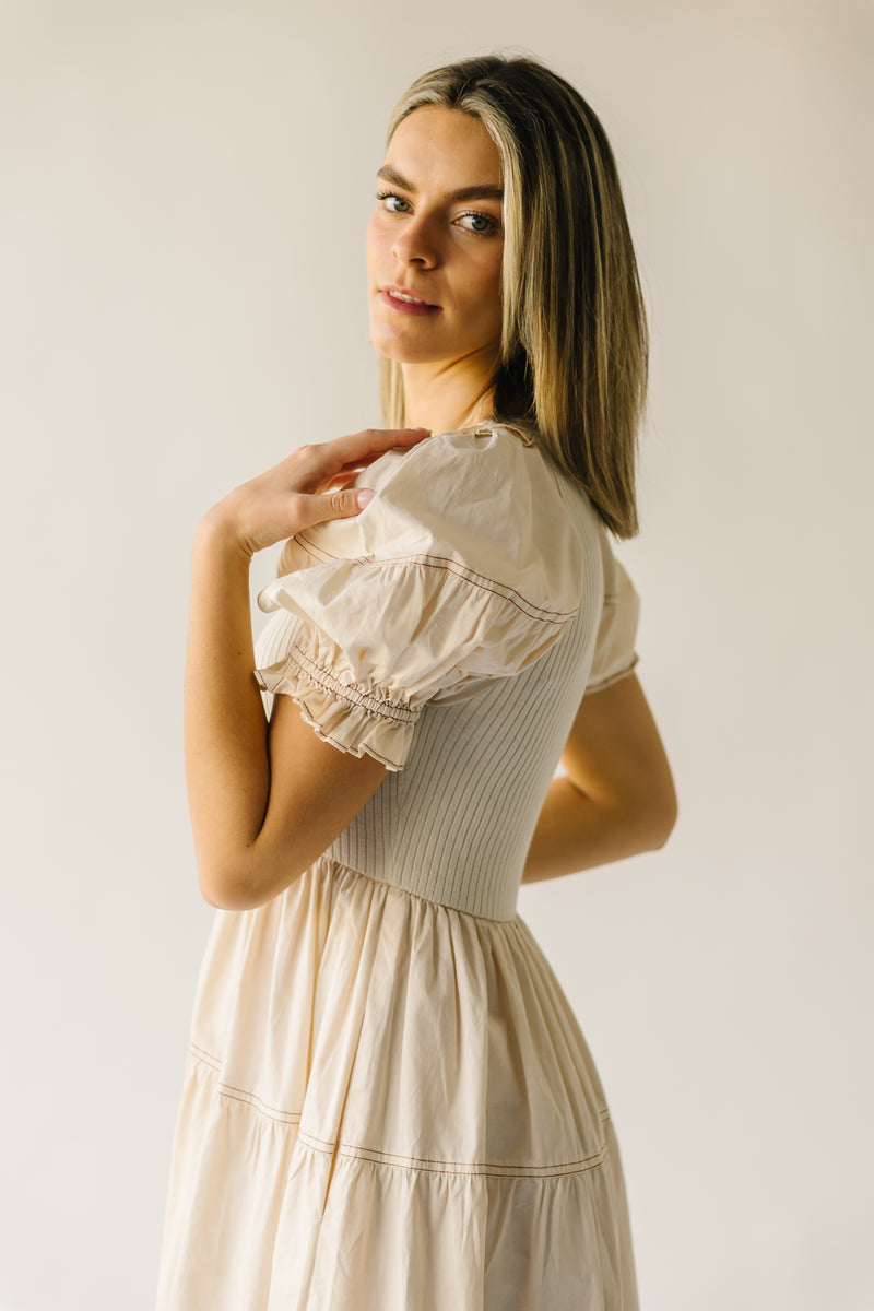 The Kora Tiered Ruffle Midi Dress in Natural