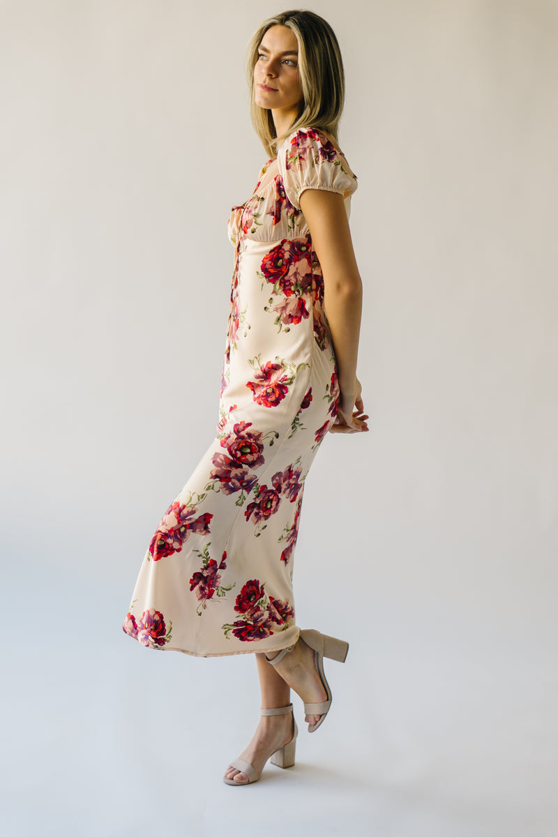 The Rodessa Satin Floral Dress in Cream