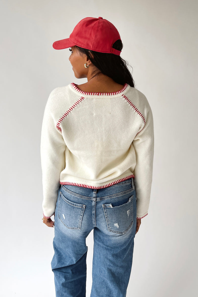 The Layne Stitch Detail Sweater in Ivory + Red