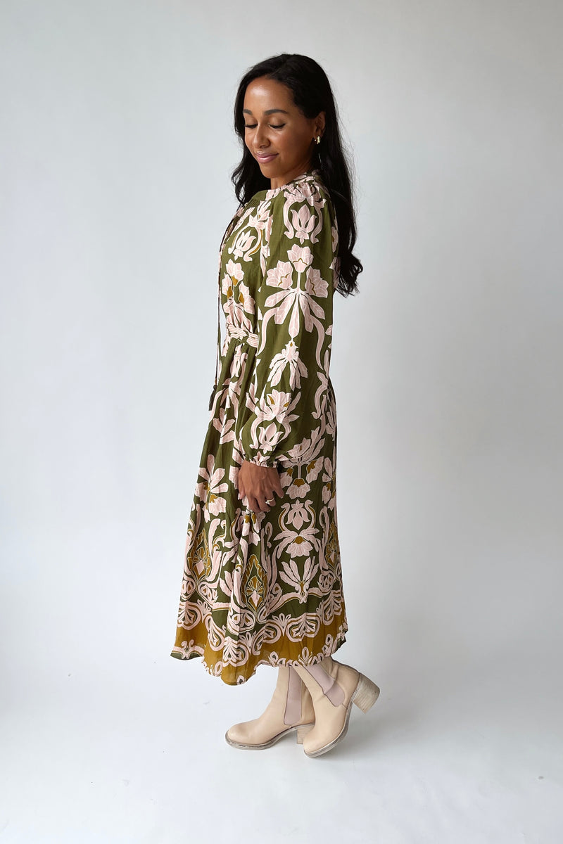 The Lia Floral Midi Dress in Olive