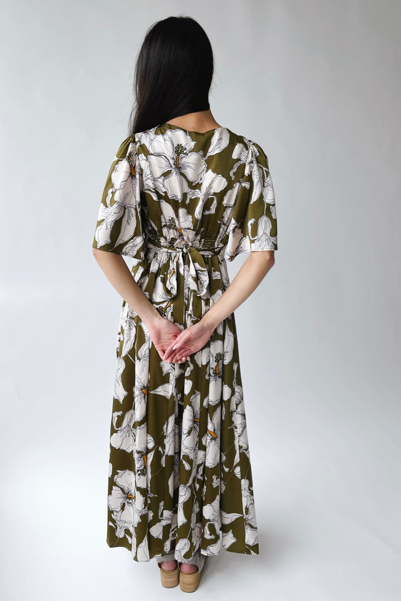 The Romano Piped Detail Floral Maxi Dress in Olive