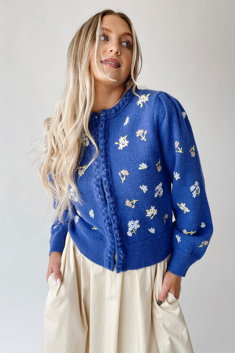The Conlan Floral Embroidered Cardigan in Blue