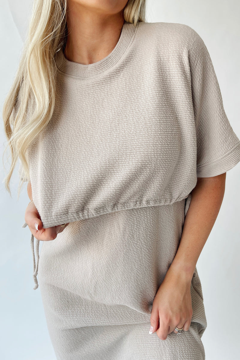 The Andra Tie Detail Midi Dress in Taupe