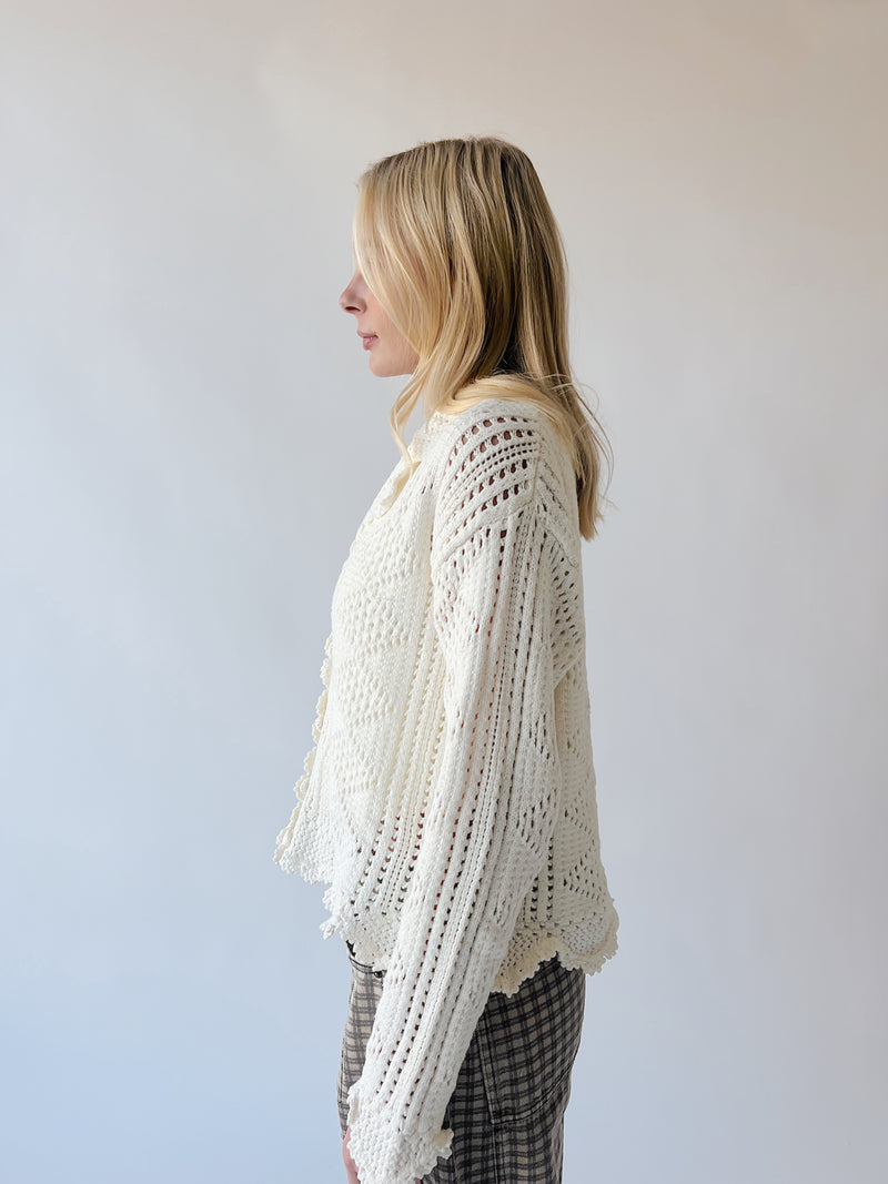 The Abigail Knit Crochet Cardigan in Off White