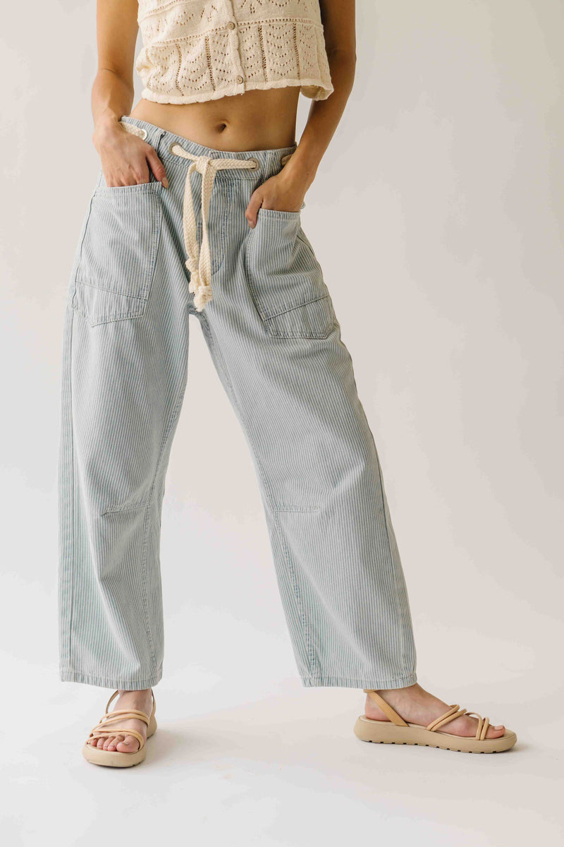 The Yorkana Eyelet Waist Barrel Jean in Striped Denim