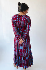 The Michelle V-Neck Patterned Dress in Burgundy + Blue