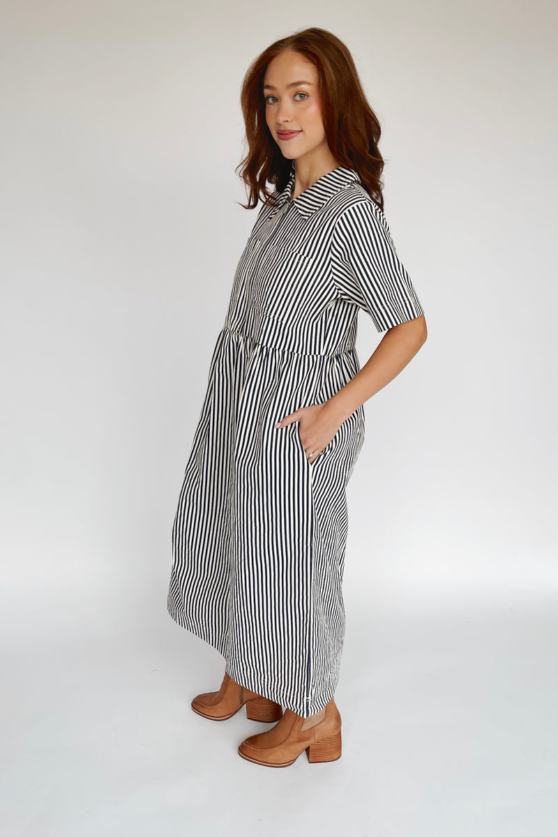 The Tenney Striped Half Zip Midi Dress in Navy + Cream