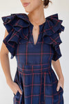 The Bauserman Ruffle Sleeve Midi Dress in Navy Plaid