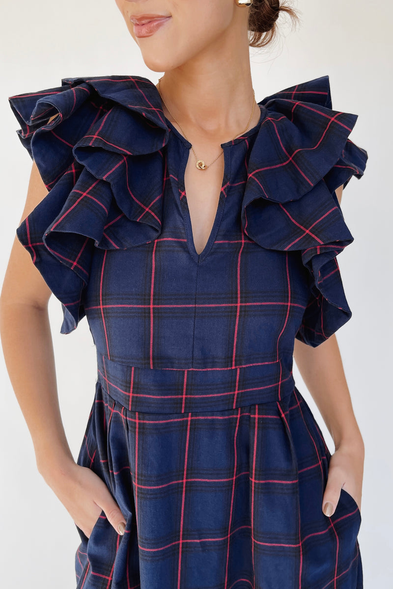 The Bauserman Ruffle Sleeve Midi Dress in Navy Plaid