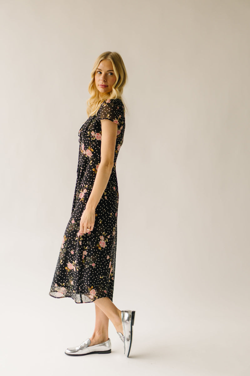 The Catrina V-Neck Floral Midi Dress in Black