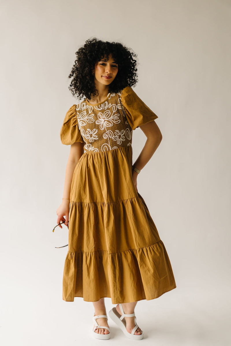 The Brenda Bubble Sleeved Midi Dress in Caramel