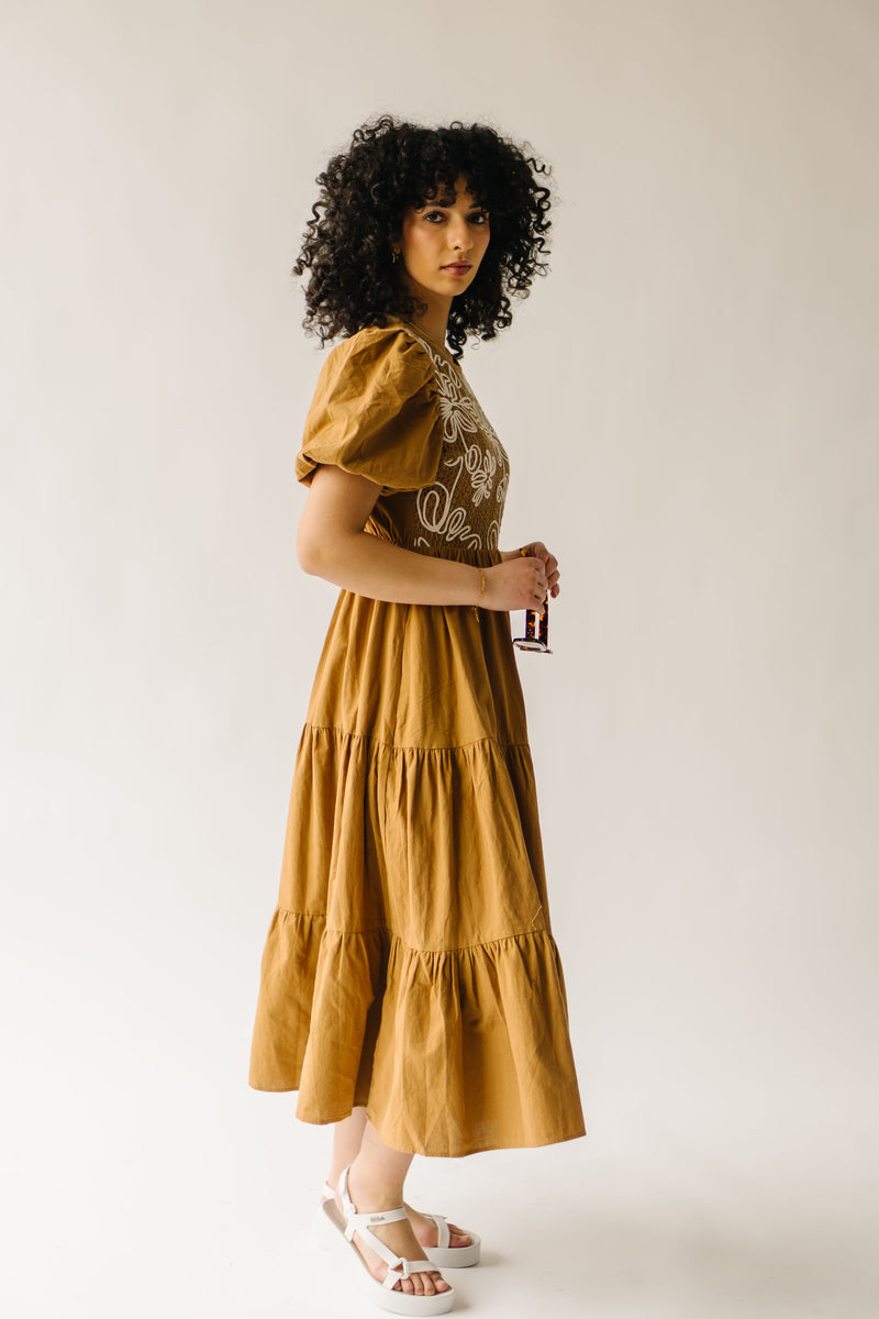 The Brenda Bubble Sleeved Midi Dress in Caramel