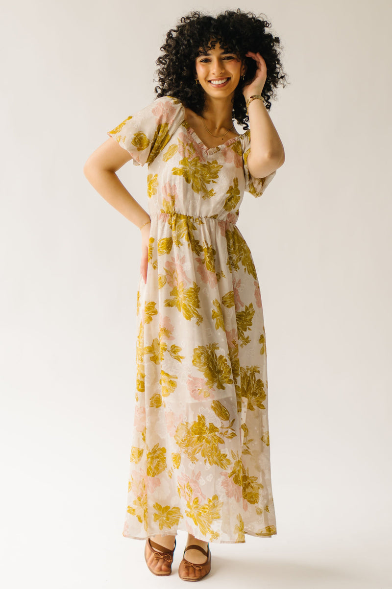 The Winnie Floral Midi Dress in Olive Oasis