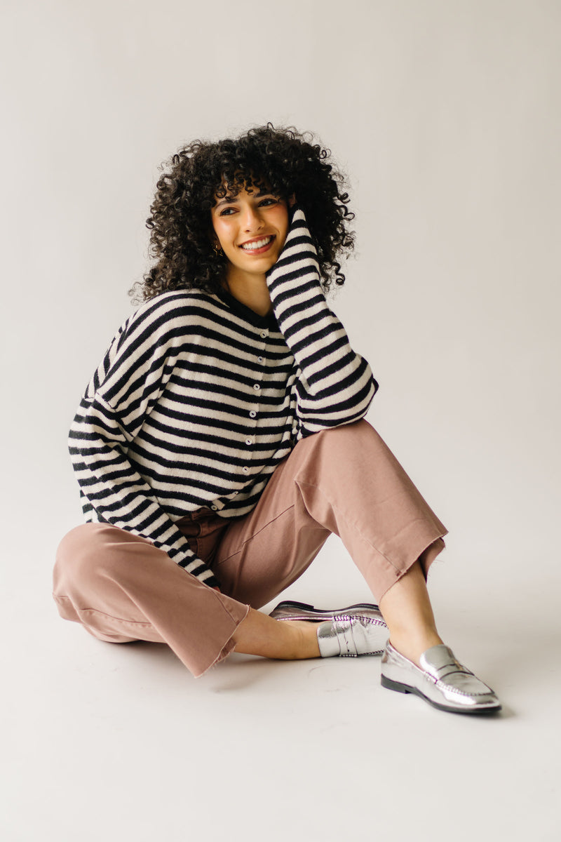 The Riggs Button-Down Sweater in Black + Cream Stripe