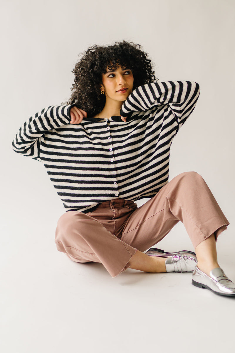 The Riggs Button-Down Sweater in Black + Cream Stripe