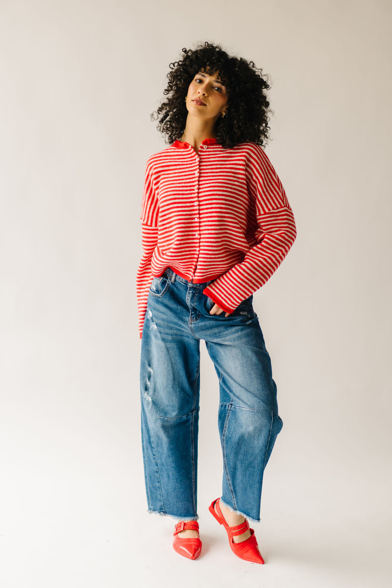 The Riggs Button-Down Sweater in Ivory + Red Mini Stripe