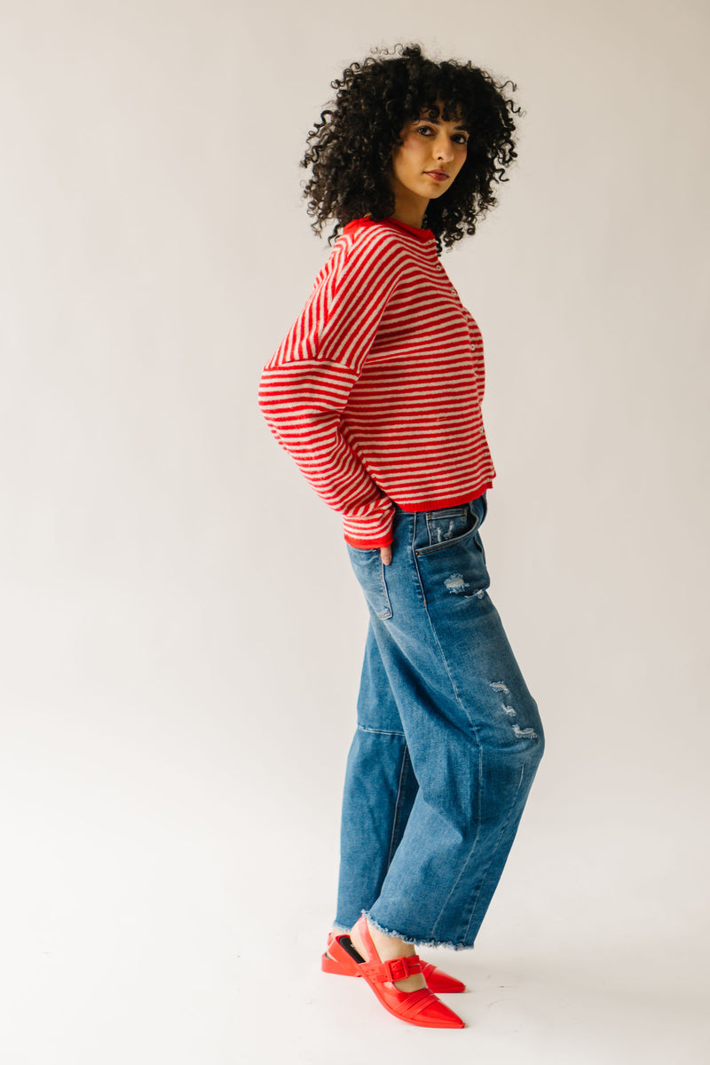 The Riggs Button-Down Sweater in Ivory + Red Mini Stripe