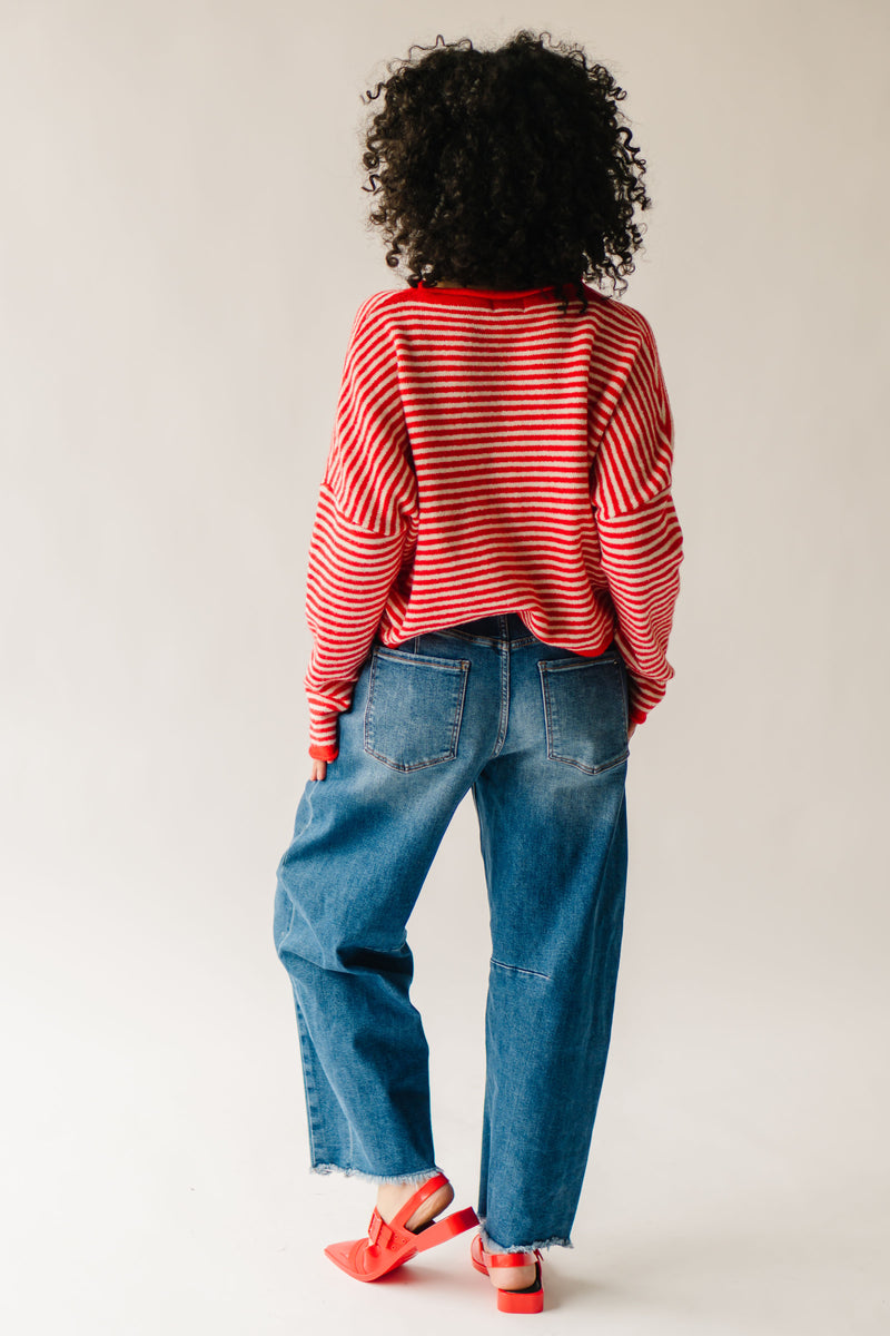 The Riggs Button-Down Sweater in Ivory + Red Mini Stripe