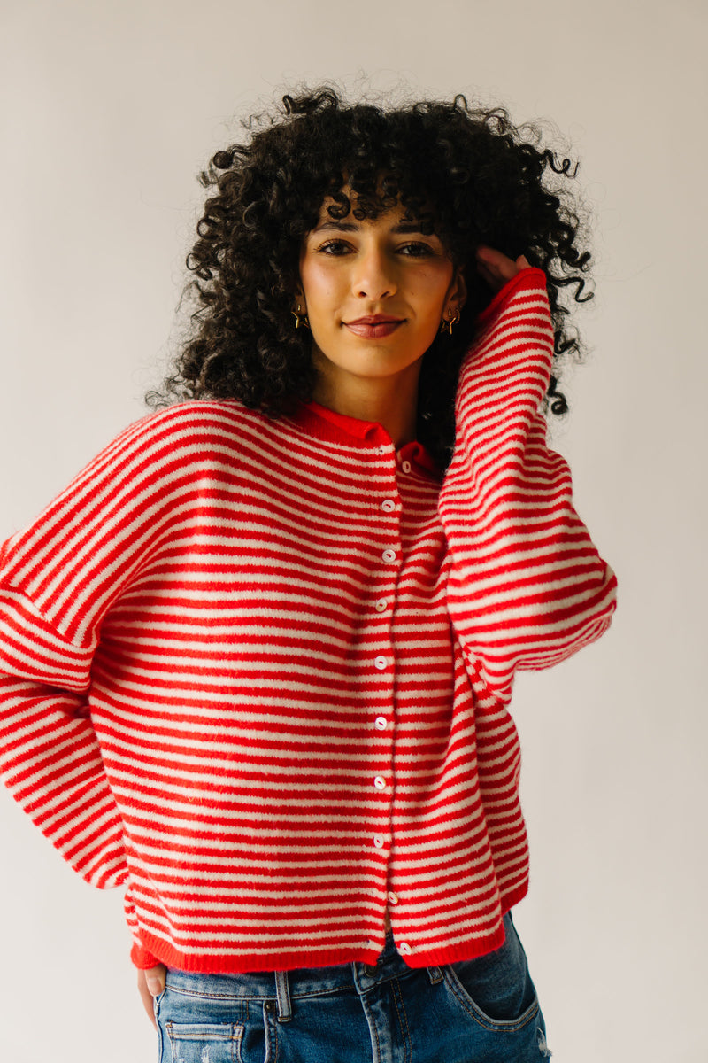 The Riggs Button-Down Sweater in Ivory + Red Mini Stripe