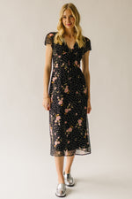 The Catrina V-Neck Floral Midi Dress in Black