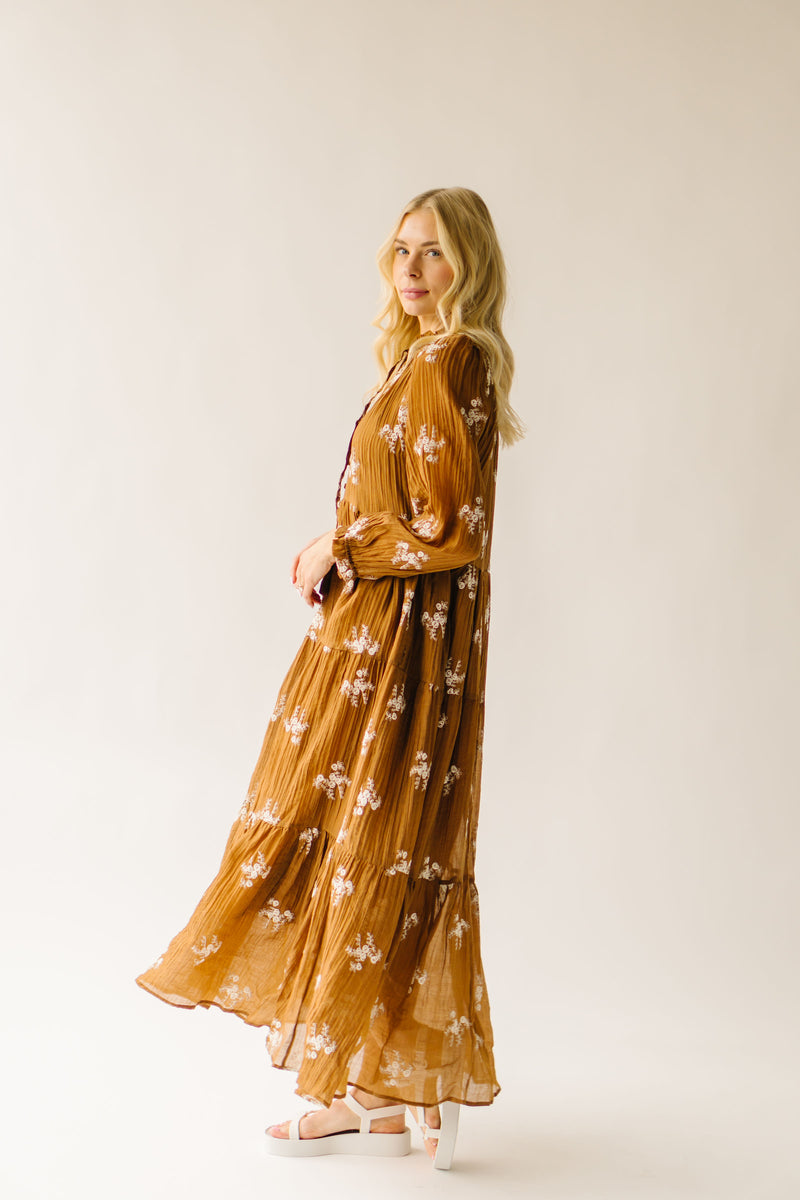 The Sartell Embroidered Maxi Dress in Brown