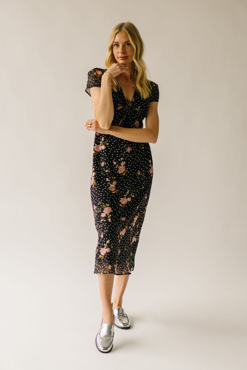 The Catrina V-Neck Floral Midi Dress in Black