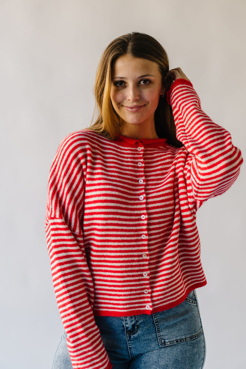 The Riggs Button-Down Sweater in Ivory + Red Mini Stripe