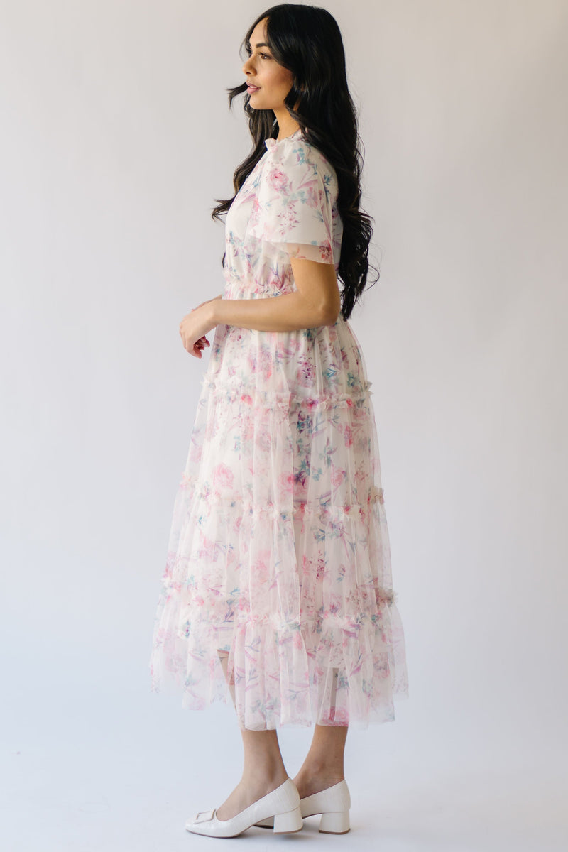 The Ronda Mesh Overlay Floral Dress in Ivory + Pink