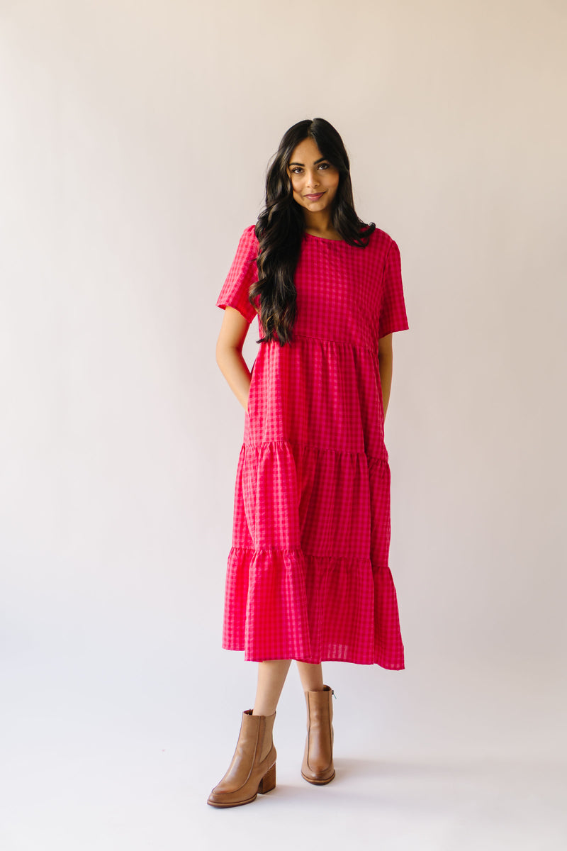 The Maddox Gingham Tiered Midi Dress in Hot Pink